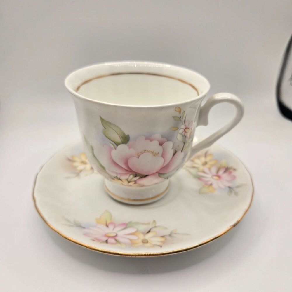 Vintage Hitkari Bone China Floral Teacup  Saucer Set Off White Pink Roses